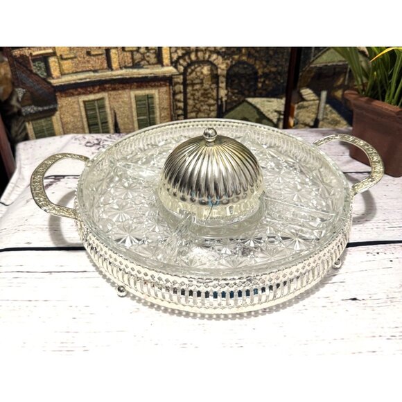 Vintage Silver-Plated Glass Relish Tray With Lid & Handles - Picture 7 of 13